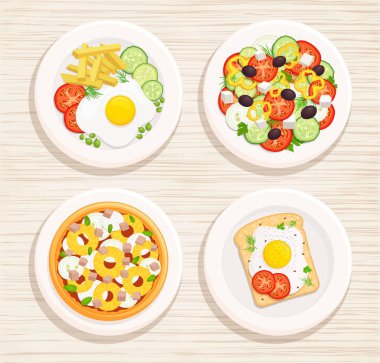 Dört yemekleri plakaları. Pizza, salata, sandviç ve patates kızartması ile yumurta hizmet.