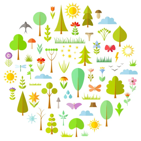 Набор Векторных Элементов Ландшафтного Дизайна Лесные Иконы Плоском Стиле Деревья — стоковый вектор