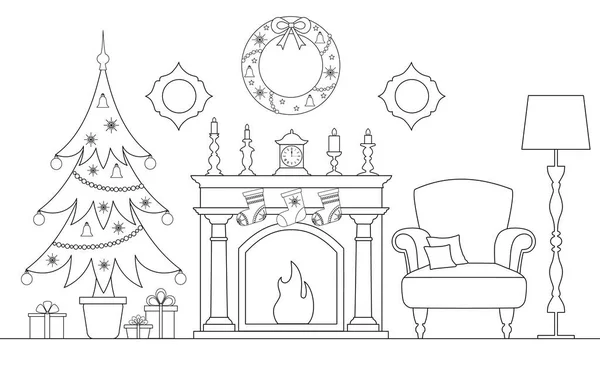 Christmas Interior Fireplace Christmas Tree Gifts Card Linear Style Vector Vector Graphics