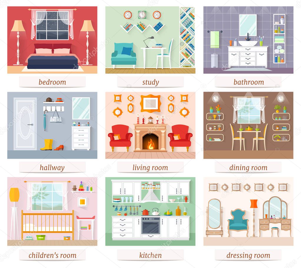 A set of rooms of various designs and purposes. Vector.