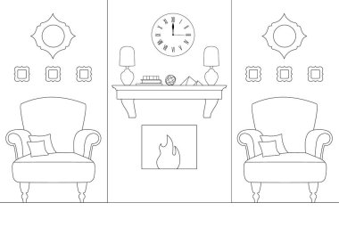 Şömineli doğrusal iç oturma odası. Anahat tarzı oda. Vektör çizim.