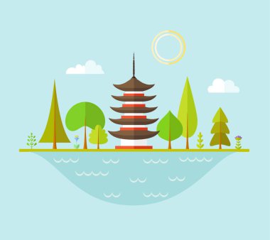 Japon pagoda ile manzara. Geleneksel oryantal ev ormanın içinde. Pagola ağaçlar ve göl ile bir manzara. Düz stil vektör çizim.