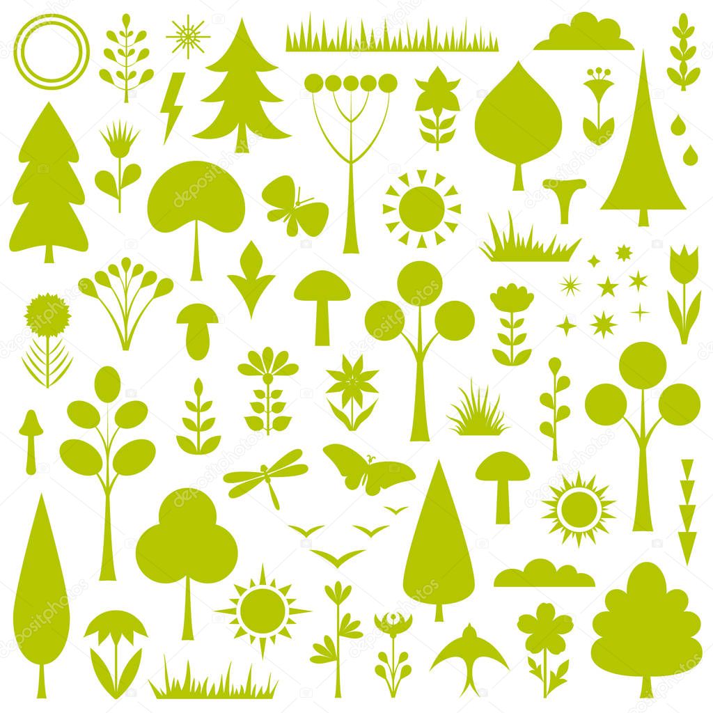 Silhouettes of forest plants. Set of stencils of trees, flowers, grass, insects, mushroom bushes and herbs. Vector illustration.