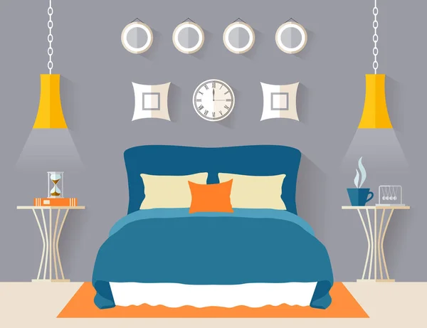 Diseño del dormitorio. Interior vectorial con muebles. Estilo plano . — Vector de stock