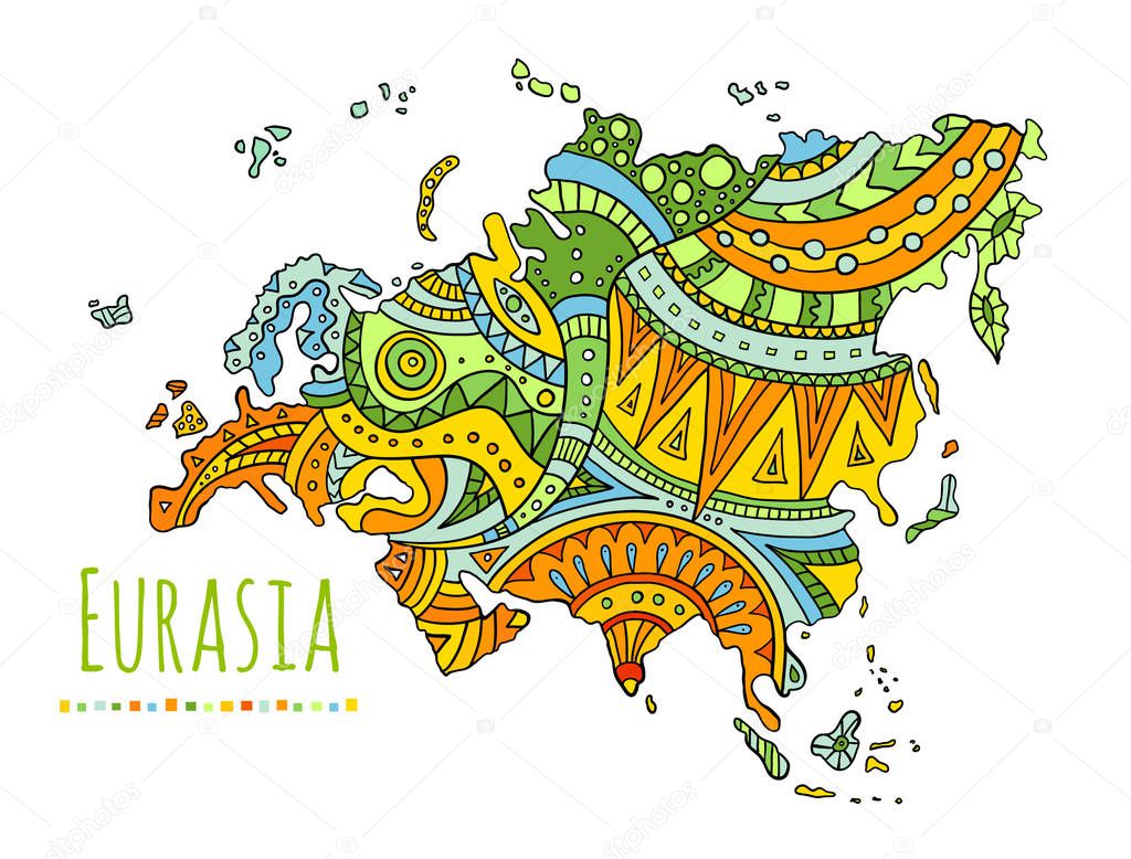 Vector painted map of Eurasia. Vector Doodle Continent.
