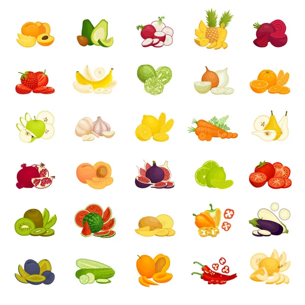 Kompositionen verschiedener Gemüse- und Obstsorten. Reihe von Vektorillustrationen. — Stockvektor