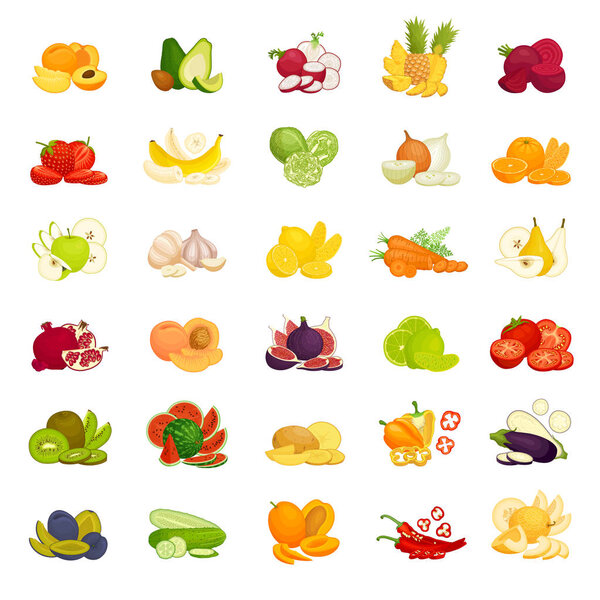 Compositions of various vegetables and fruits. Set of vector illustrations.