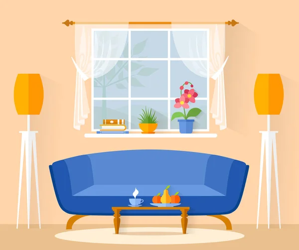 Salón de diseño interior en estilo plano. Vector . — Vector de stock