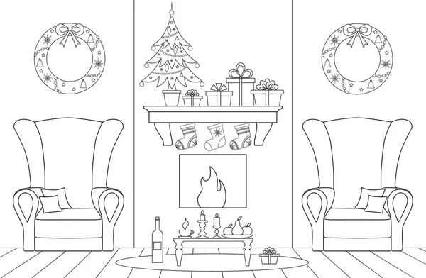 Sala de estar com decoração de Natal. Ilustração vetorial . —  Vetores de Stock