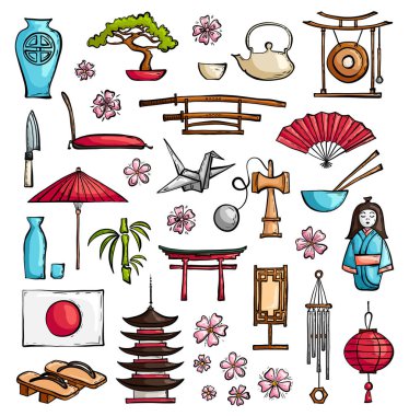 Japon tema simgeleri çizilmiş. Vektör.