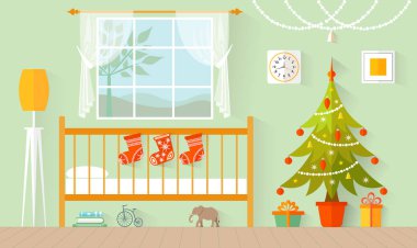 Çocuk odası dekore edilmiş Noel ve yeni yıl için. Bir Noel ağacı ve hediyeler ile düz tarzında iç kreş.