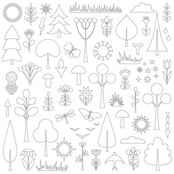 Conjunto Elementos Forestales Estilo Contorno Iconos Lineales Vectoriales Plantas — Archivo Imágenes Vectoriales
