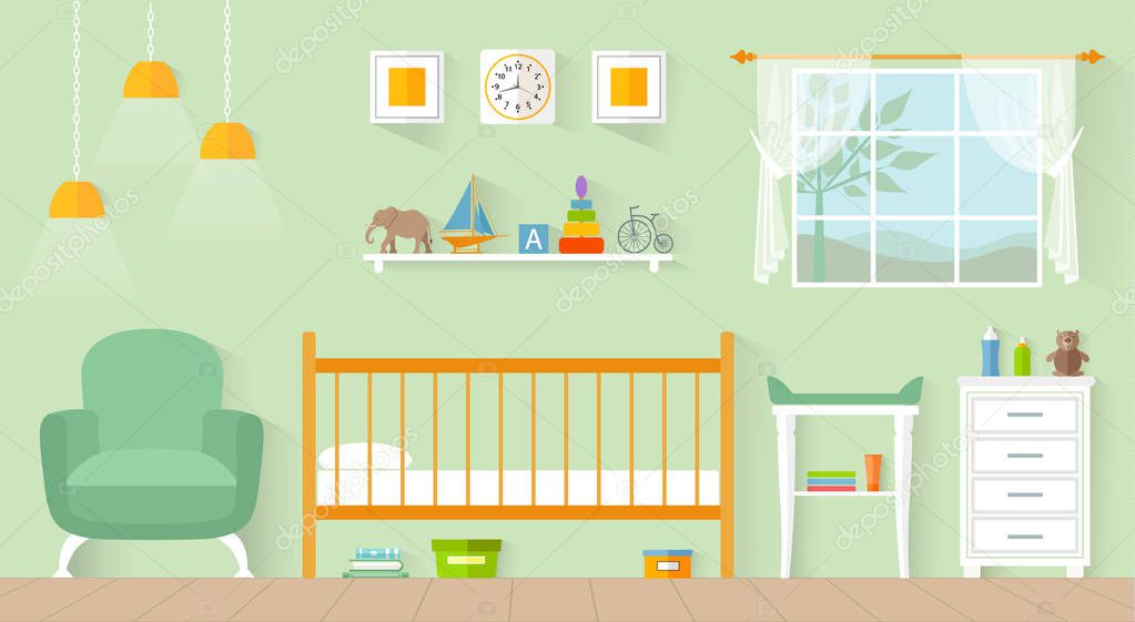 Interior nursery in flat style. Vector children's room with furniture and toys.