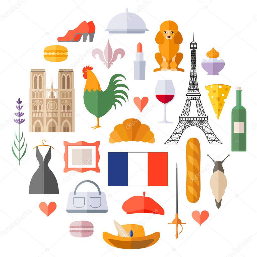 Traditional french symbol in flat style. Set of vector Icons on France Theme. French souvenirs, accessories and attributes.