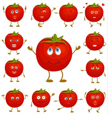 Domates çeşitli yüz ifadeleri ve jestleri ile. Vektör etiket kümesi. Sevimli çizgi film karakteri.