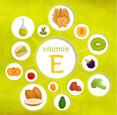 E vitamini içeriği çeşitli ürünlerde. Vektör infographics sağlık ve diyet bir konu.