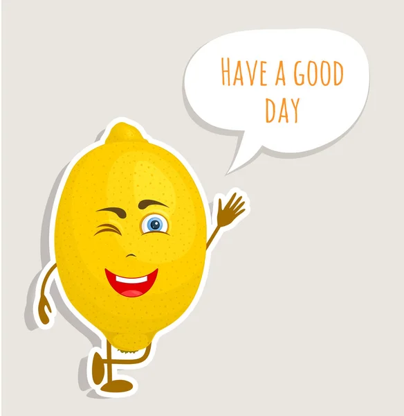 Carino Personaggio Limone Agitando Mano Augura Una Buona Giornata Adesivo — Vettoriale Stock
