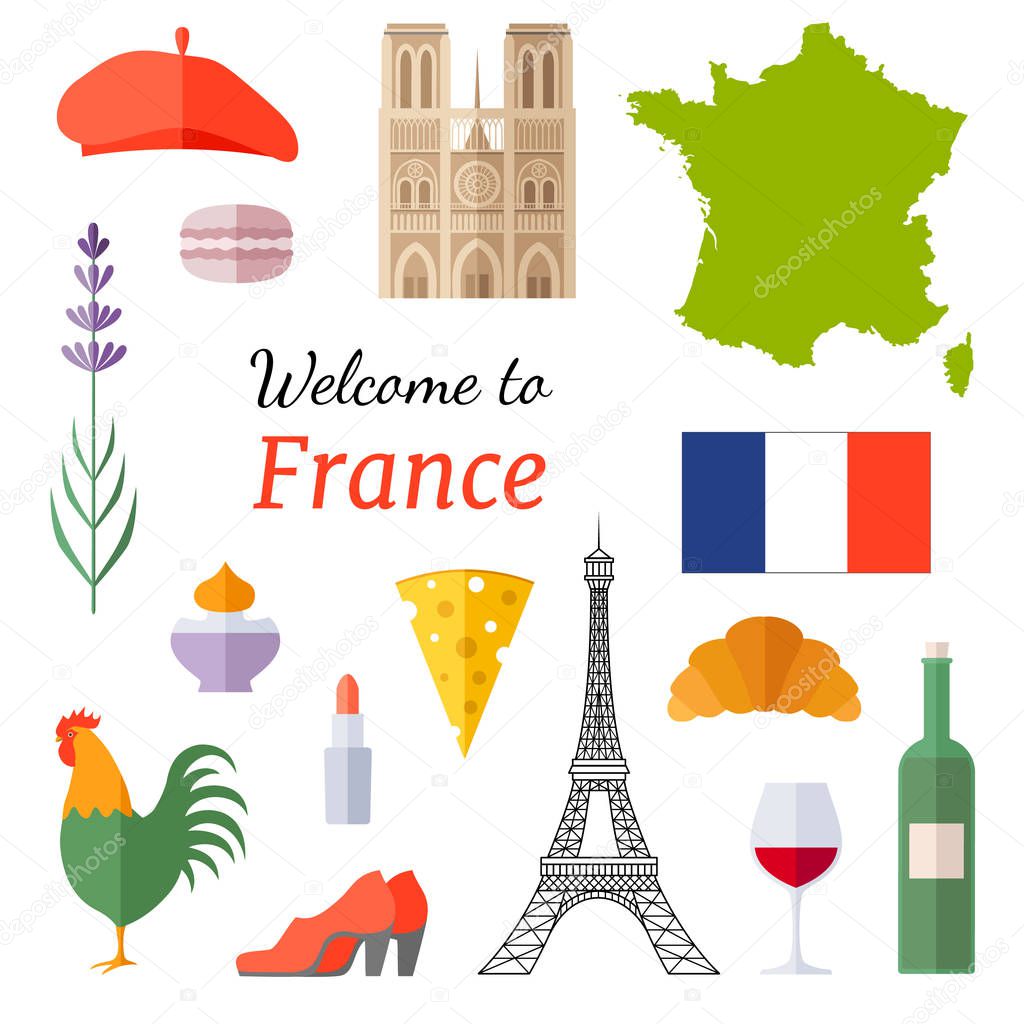 Banner with vector icons of France and the inscription Welcome to France. Famous french symbols.