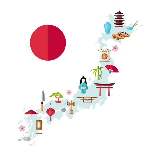 Mapa Turístico Japón Símbolos Puntos Referencia Del País Mapa Ilustración — Archivo Imágenes Vectoriales