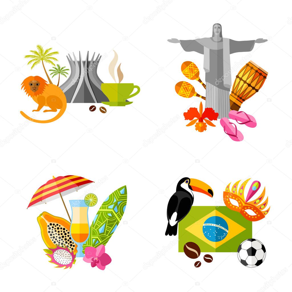 Travel to Brazil. Set of vector compositions in flat style. Template.