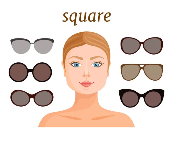 Una selección de gafas para una cara cuadrada. Ilustración vectorial . — Archivo Imágenes Vectoriales