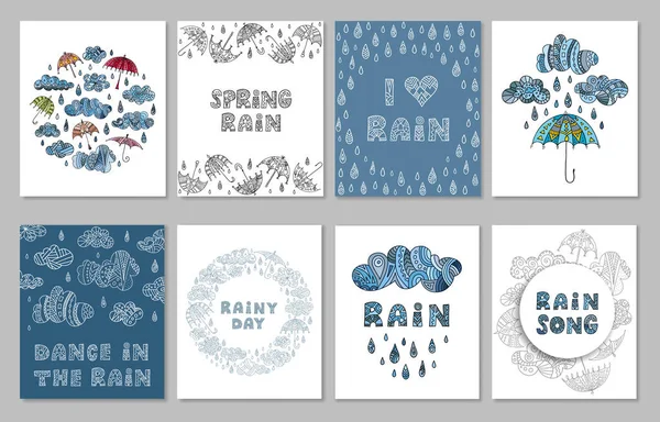 Şemsiye, damla, bulutlar ile yazıtlı elle çizilmiş kartları. — Stok Vektör