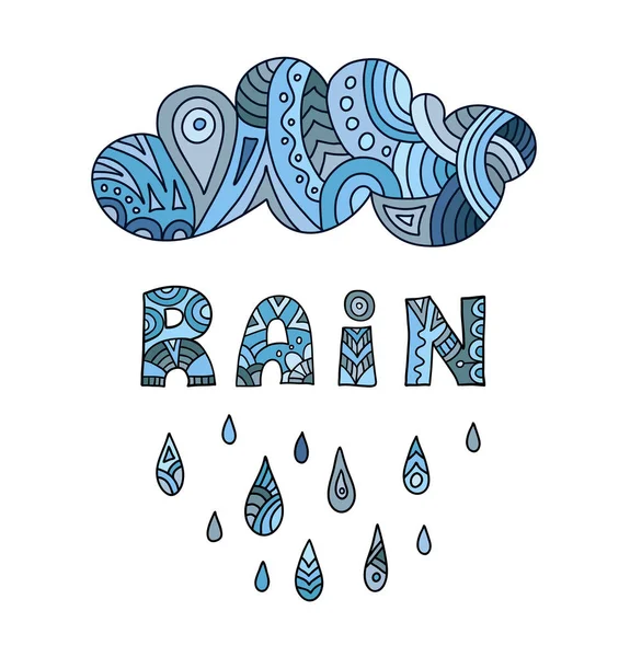 Tarjeta vectorial en estilo zentangl con lluvia y gotas. Lluvia. Doodle. — Vector de stock