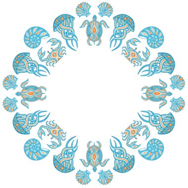 Deniz konulu yuvarlak çerçeve. Vektör.