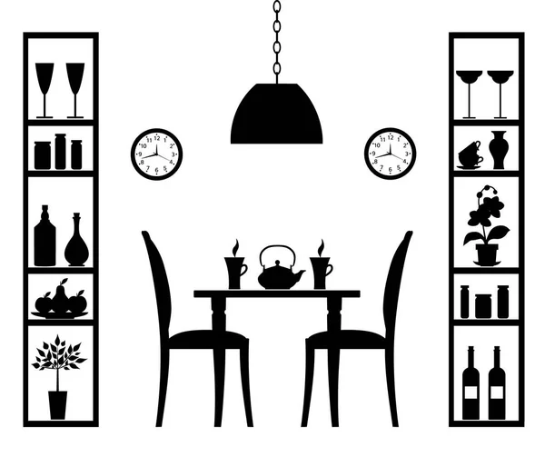 Silhouette of the dining room. Monochrome vector illustration. — Stock Vector