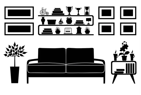 Black and white waiting room with a sofa. Vector silhouettes. Template. — Stock Vector