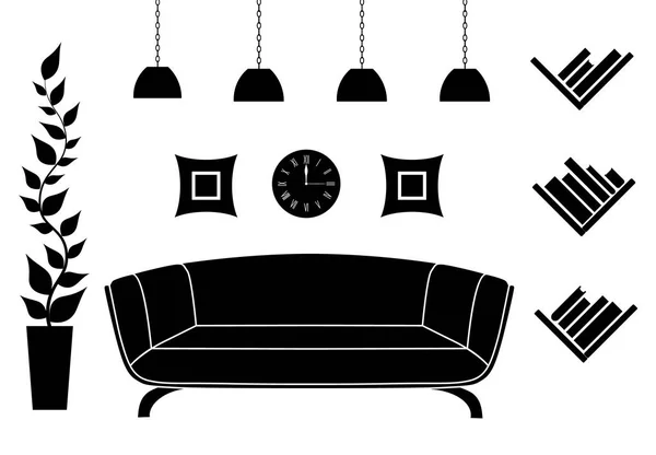Plantilla en blanco y negro de la sala de estar con muebles y accesorios. Siluetas vectoriales . — Archivo Imágenes Vectoriales