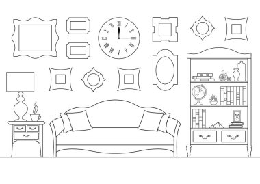 Bir kanepe, bir kitaplık ile doğrusal iç. Vektör çizim anahat tarzı. Oturma odası.