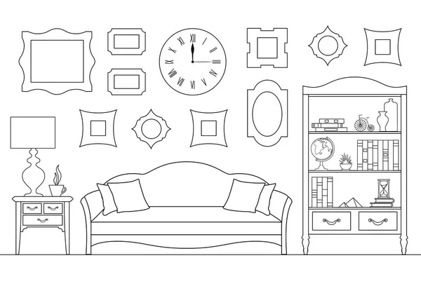 线性内饰, 配有沙发、书柜。大纲样式中的矢量插图。客厅. — 图库矢量图片