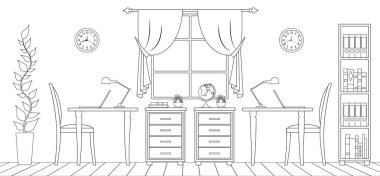 Doğrusal bir stilde mobilyalarla çalışma odası. Ofis işyeri taslağını. Vektör.