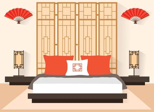 Dormitorio japonés en estilo plano. Habitación interior vectorial con muebles y una cama . — Archivo Imágenes Vectoriales