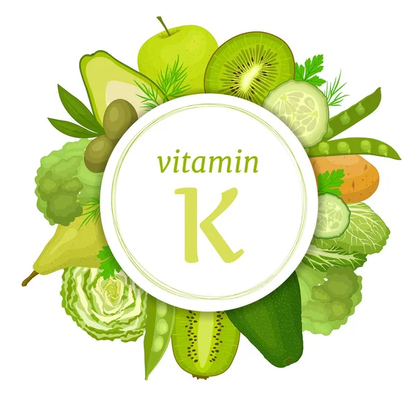 What products contain a lot of vitamin K. Vector collage. — 스톡 벡터