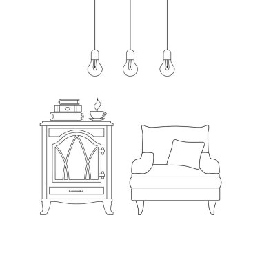 Lineer iç. Mobilyalı bir odanın vektör illüstrasyonu.