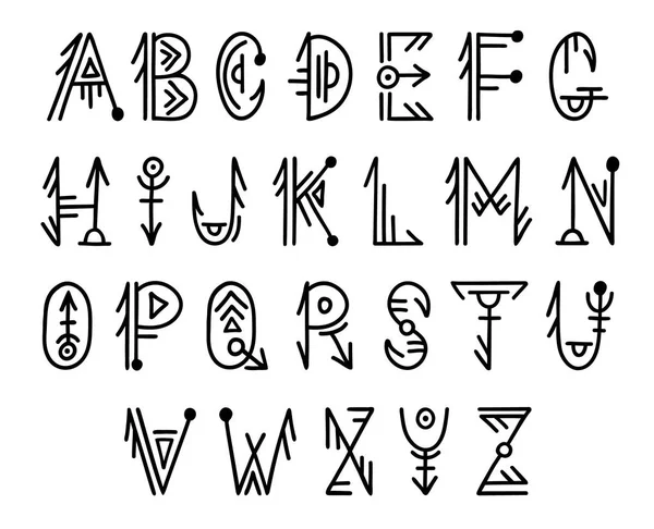 Alfabeto tribal em estilo boho. Motivos populares escandinavos. Cartas desenhadas à mão . —  Vetores de Stock