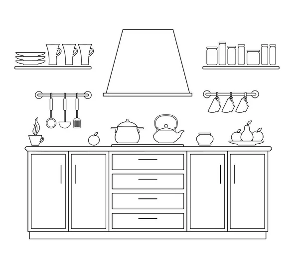 Intérieur vectoriel linéaire. Le schéma de la cuisine . — Image vectorielle