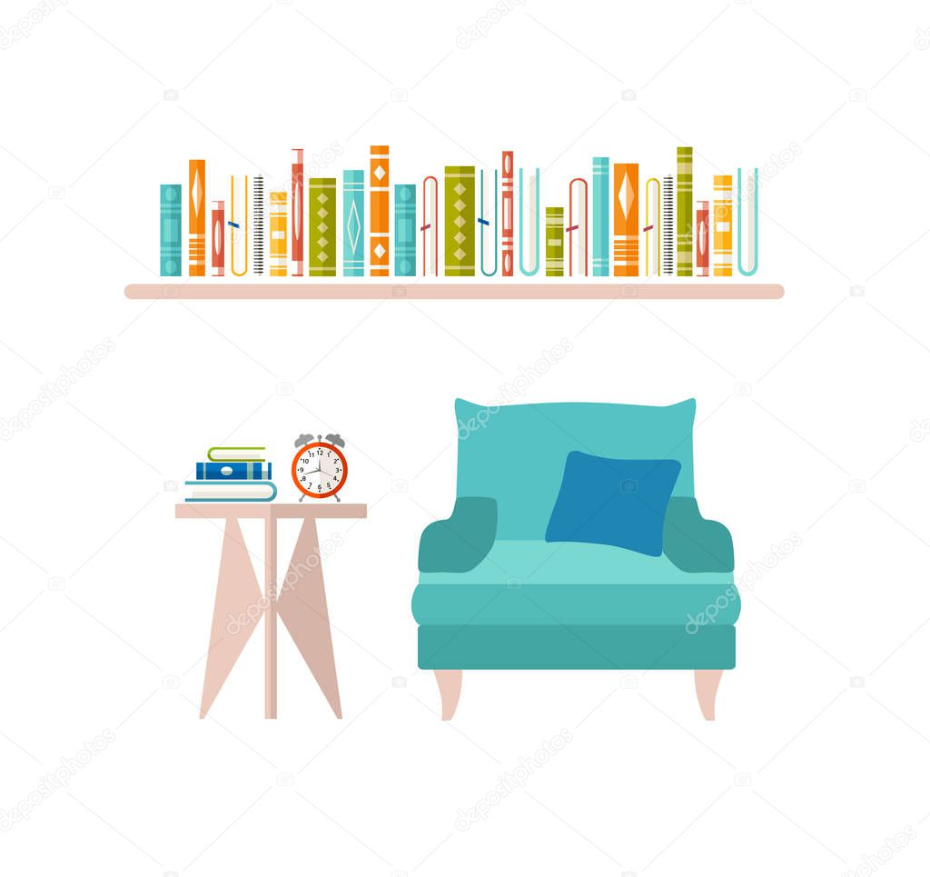 Room interior isolated on white background. Living room with sofa and bookshelf with books.