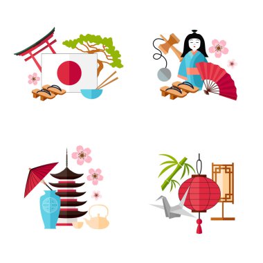 Japonya'ya seyahat edin. Temalı afişseti. Reklam için vektör şablonu.