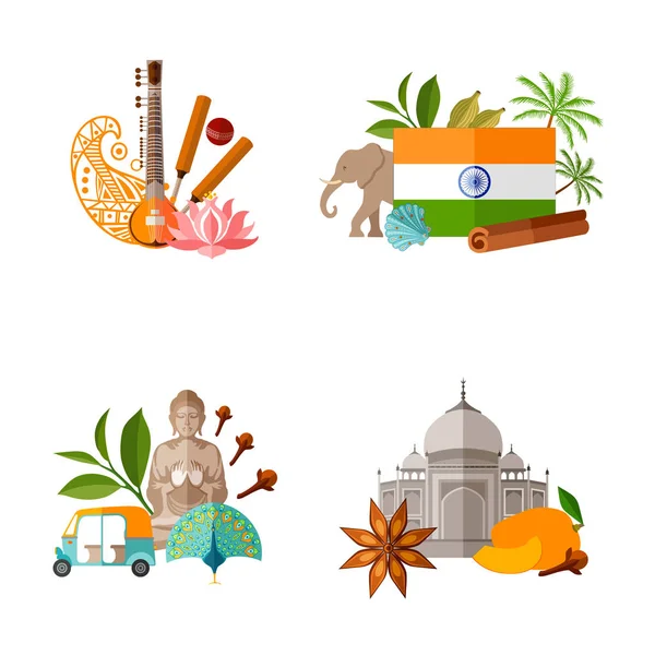 Conjunto de pancartas de viaje con símbolos indios populares. Ilustración vectorial sobre el tema del turismo . — Vector de stock