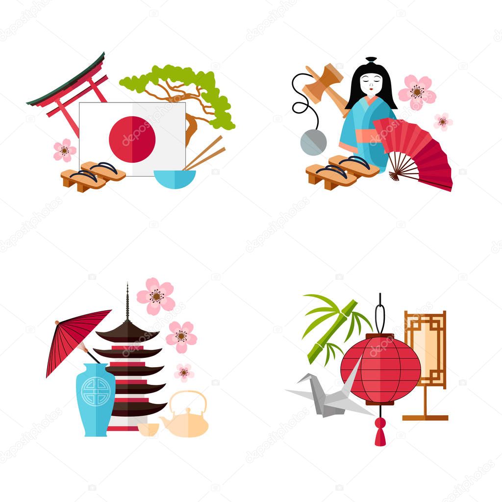 Travel to Japan. Set of themed banners. Vector template for advertising.