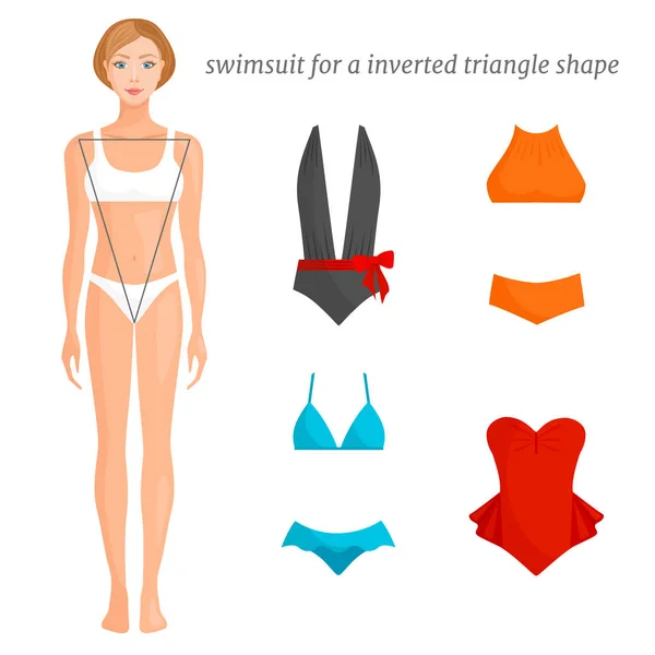 Fato de banho para a figura feminina triângulo invertido. Ilustração vetorial. Guia de moda . —  Vetores de Stock