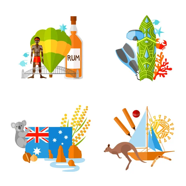 Colección de composiciones sobre un tema turístico. Viajar a Australia. Los personajes y atributos más populares del país . — Vector de stock