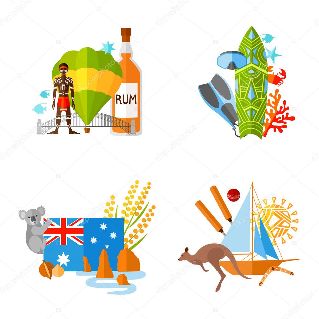 Collection of compositions on a tourist theme. Travel to Australia. The most popular characters and attributes of the country.
