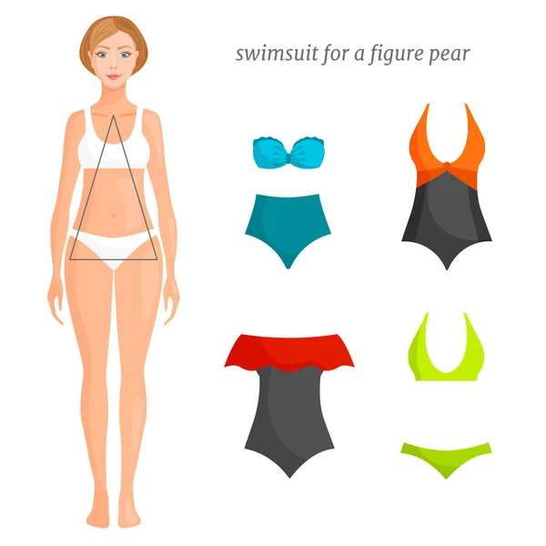 Conjunto de trajes de baño para mujer con figura triangular. Ropa para diferentes tipos de formas. Vector . — Vector de stock