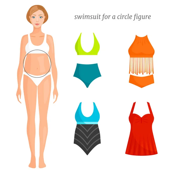 Traje de baño para mujer para el tipo de círculo de figuras. Selección de traje de baño modelo de moda. Vector . — Vector de stock