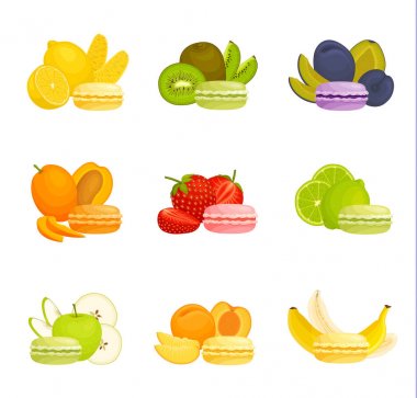 Meyve ile farklı dolgular ile macaroons. Çerez seti.