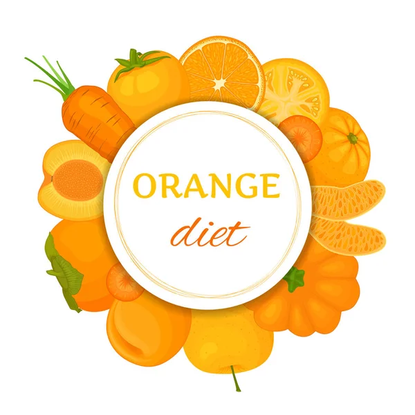 Ortaggi e frutta all'arancia. Un esempio di dieta per il colore del cibo. Vettore . — Vettoriale Stock